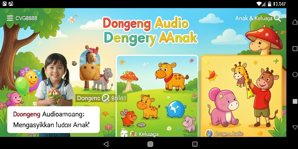 Tampilan antarmuka aplikasi CVG8888 yang user-friendly untuk cerita audio.