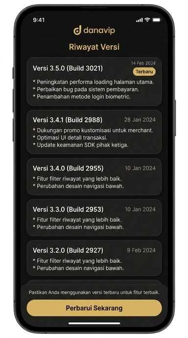 Tampilan riwayat versi danavip